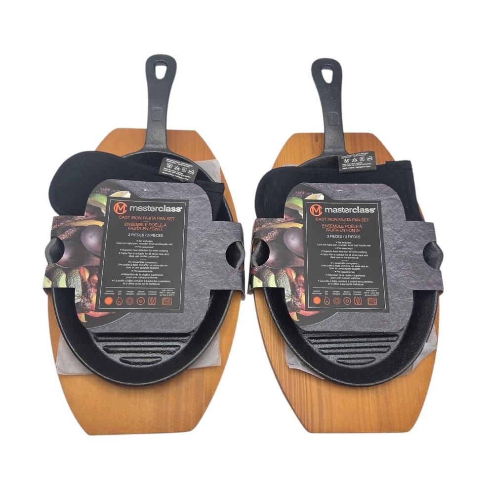 Masterclass Cookware Set of 2 Cast Iron Fajita Pan Wooden Trivet And Handle Mitt